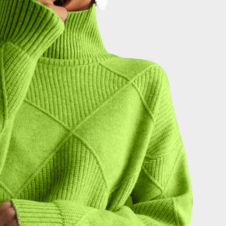 Zane & Inese lime green turtleneck sweater featuring a soft knit texture and a geometric diamond pattern.