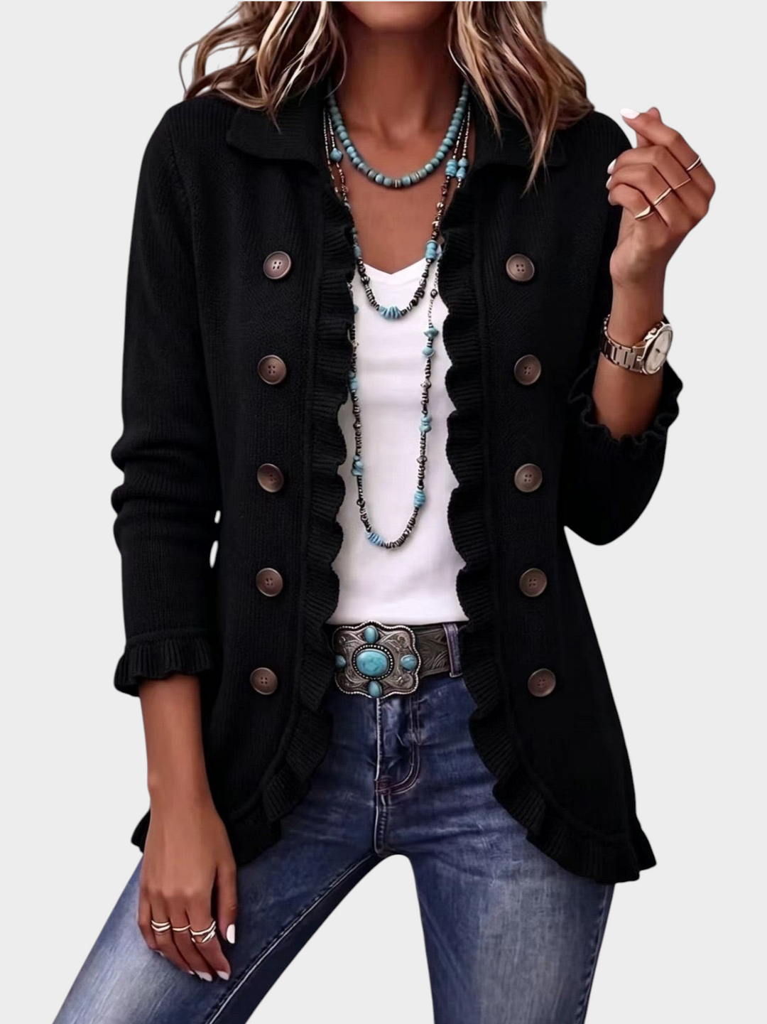 Zane & Inese black ribbed knit cardigan with double-breasted buttons, ruffled trim, and a classic collar.