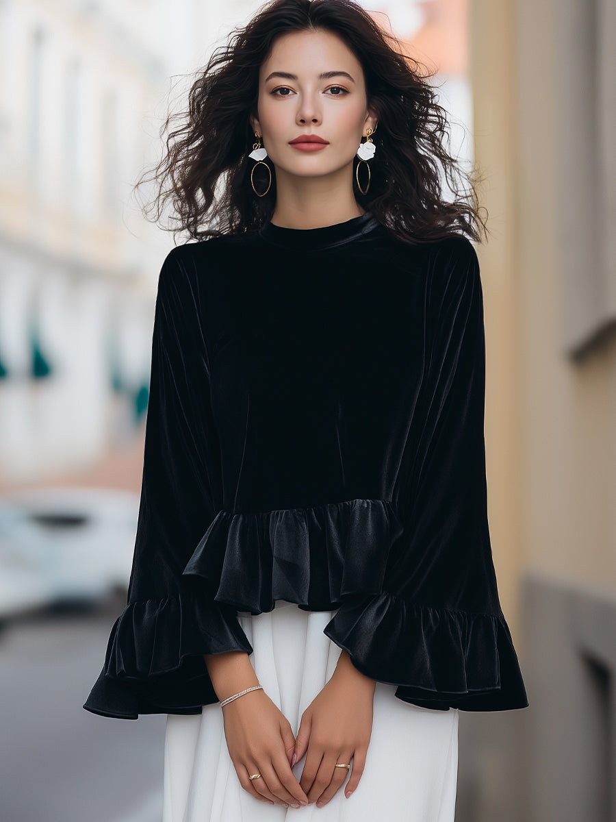 Olympe kakla samta blūze ar volānu apdari
