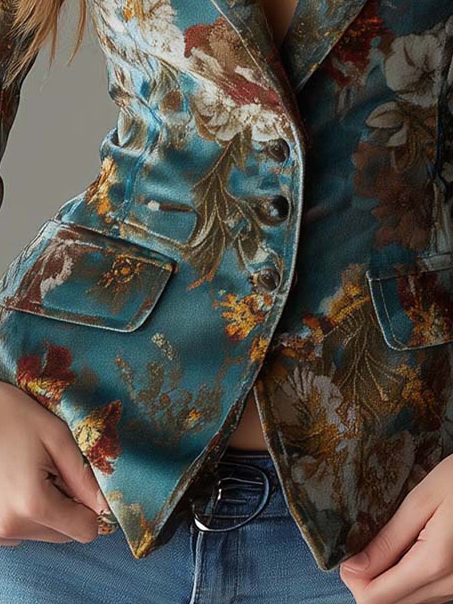 Priscille Vintage Samta Blazeris Teal Ziedu Rakstā