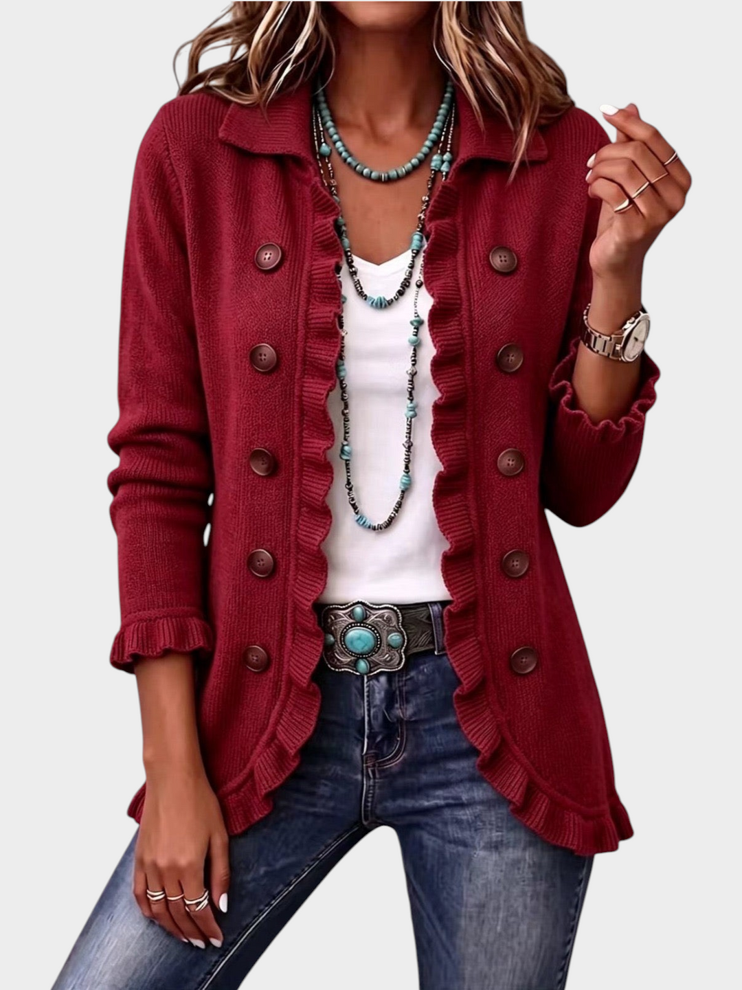 Zane & Inese ruby red ribbed knit cardigan with ruffled trim, classic collar, and double-breasted button closure.