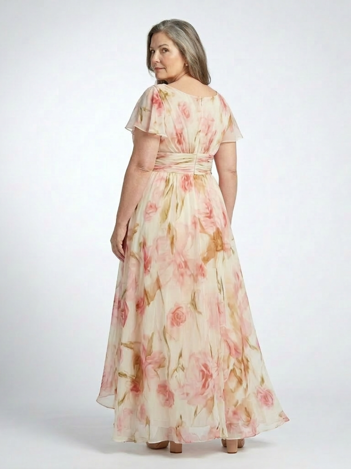 Ivette | V veida īsām piedurknēm ziedu maxi kleita