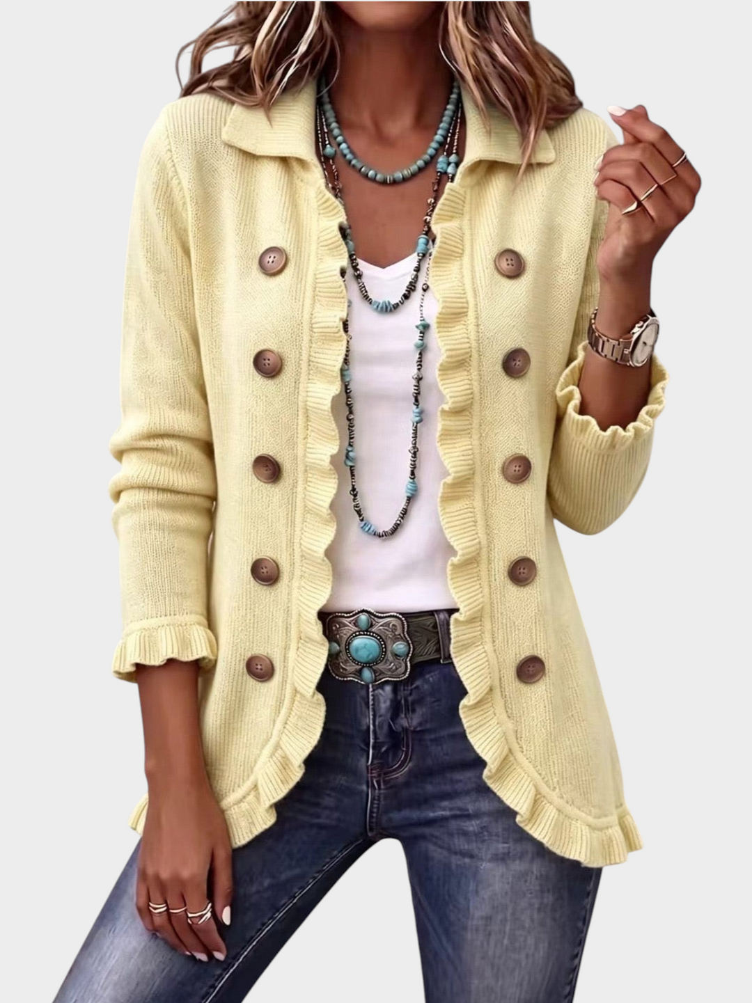Zane & Inese cream ribbed knit cardigan featuring a vintage-style collar, double button closure, and ruffled trim.