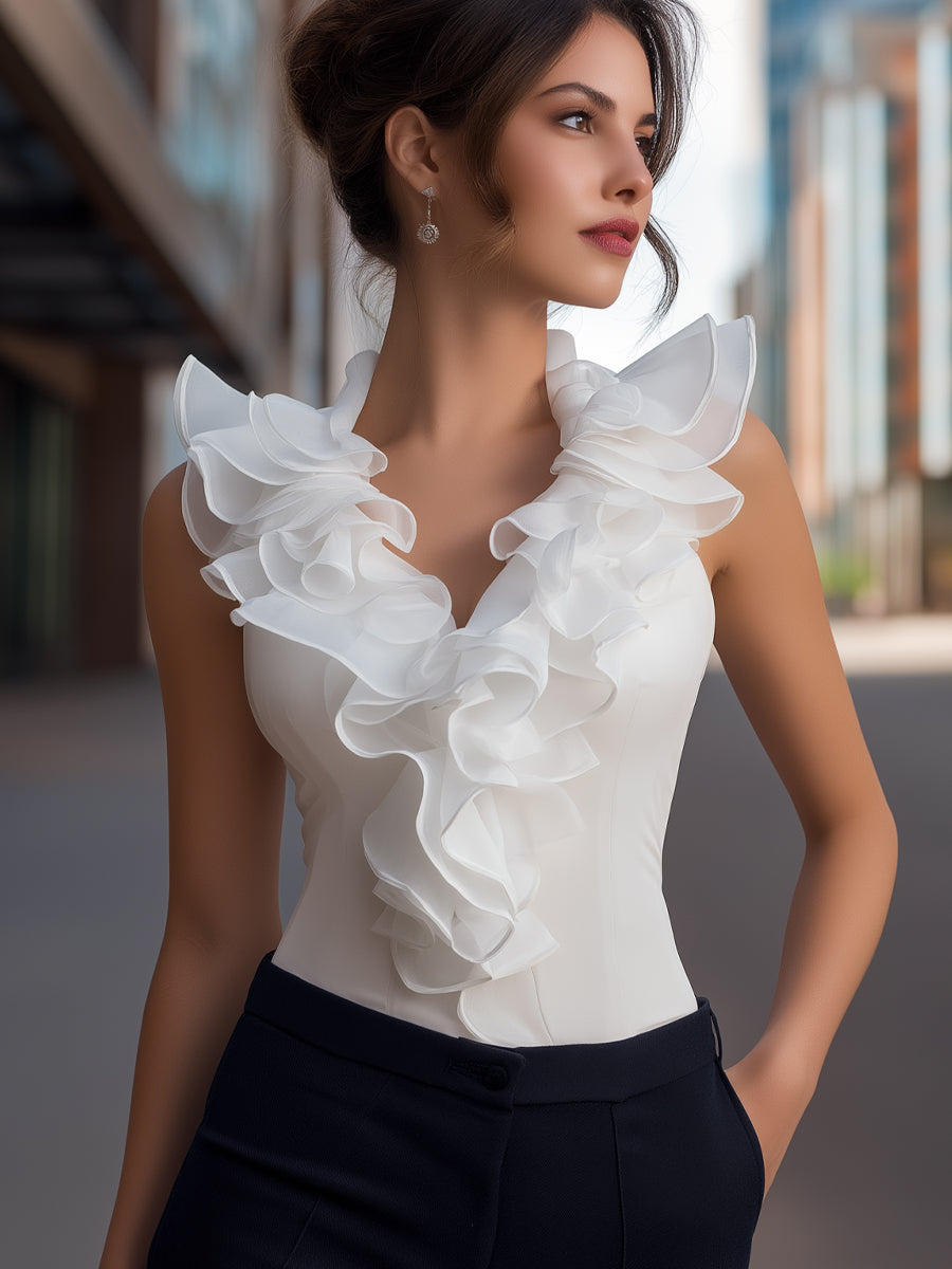 Malorie piedurknēm šifona ruffles V-veida kakla tops