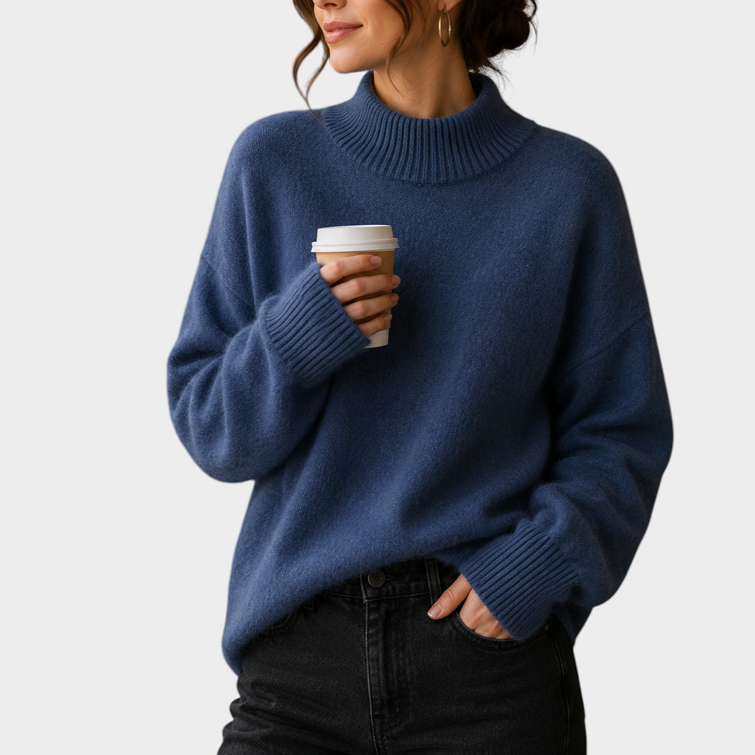 Zane & Inese Kitija blue oversized sweater with a high ribbed collar and dropped shoulders worn in a cafe.