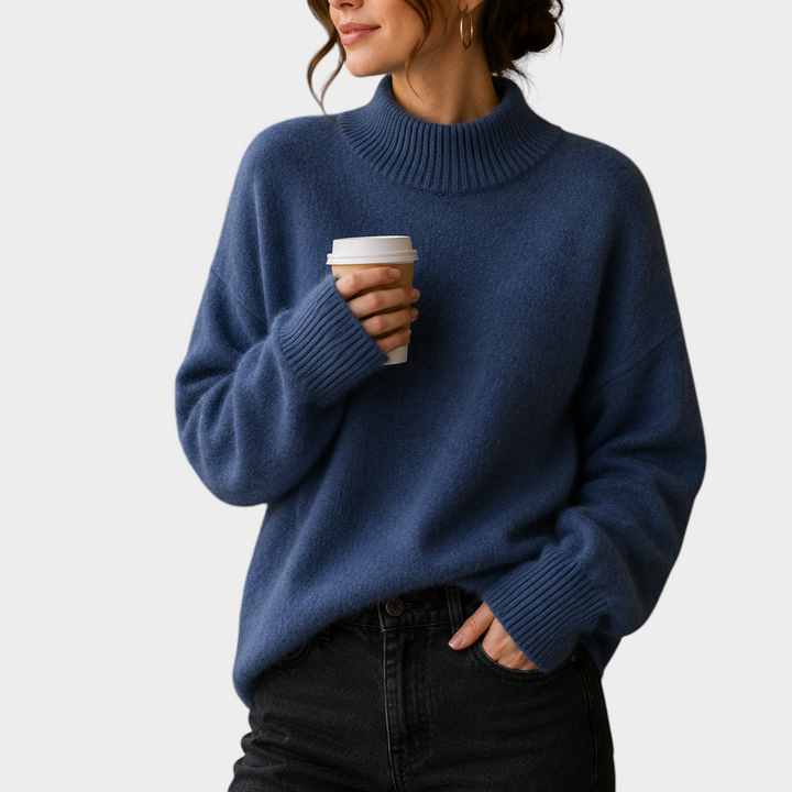 Zane & Inese Kitija blue oversized sweater with a high ribbed collar and dropped shoulders worn in a cafe.