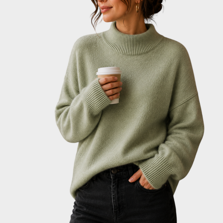 Zane & Inese sage green oversized sweater with high ribbed collar and dropped shoulders worn by a woman in a cafe