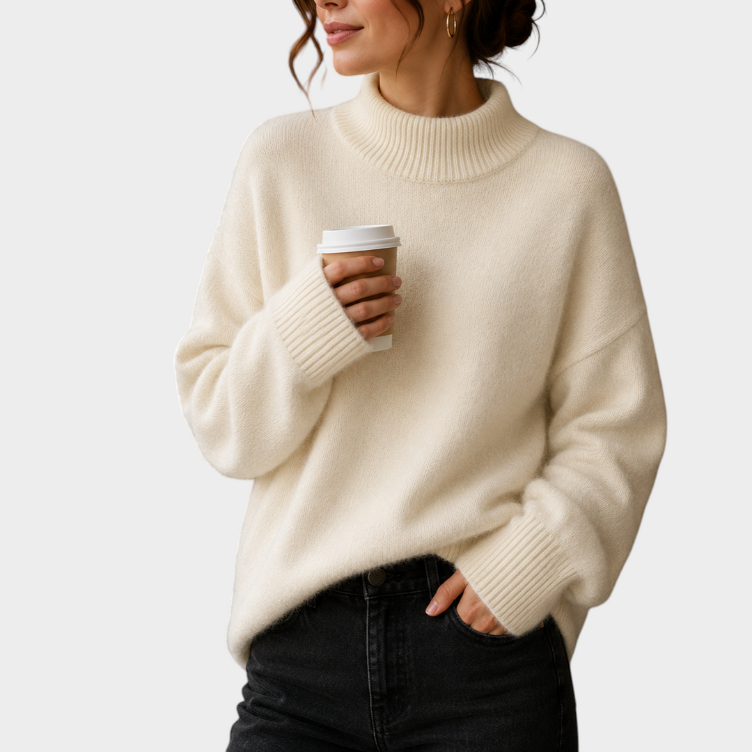 Zane & Inese Kitija cream oversized sweater with high ribbed collar and dropped shoulders worn with dark jeans