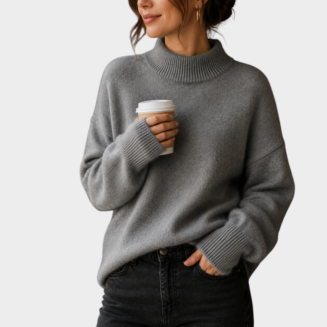 Zane & Inese Kitija grey oversized sweater with high ribbed collar and dropped shoulders worn in a cafe