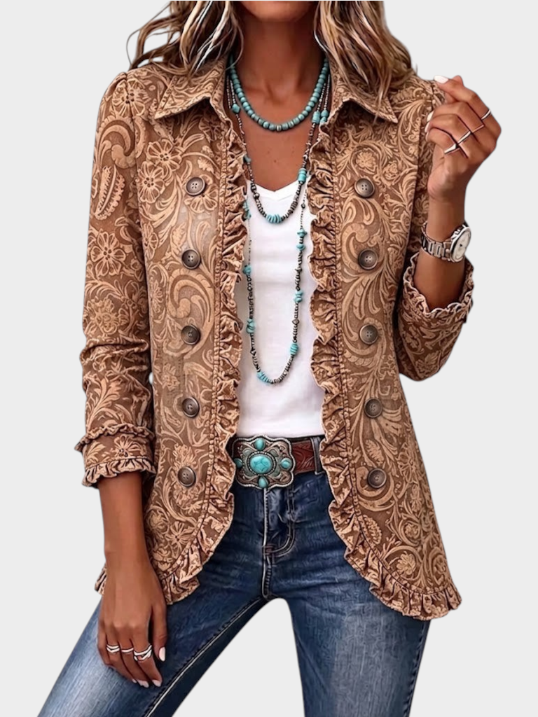 Zane & Inese Silvija boho floral jacket with plaid ruffle trim, button-up front, and long sleeves on a model.