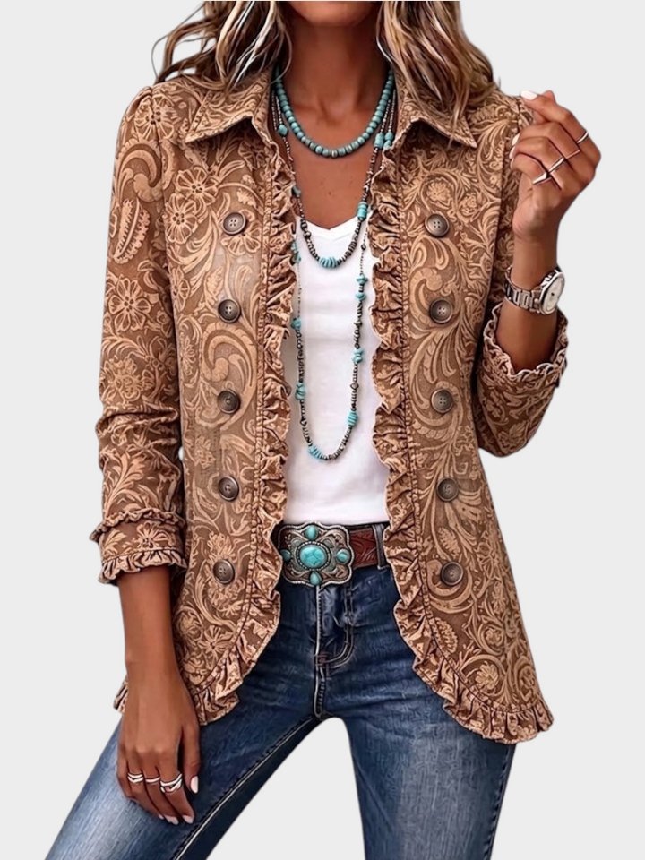 Zane & Inese Silvija boho floral jacket with plaid ruffle trim, button-up front, and long sleeves on a model.