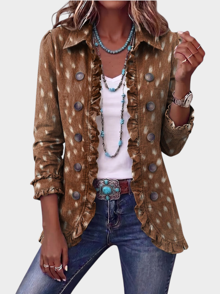Zane & Inese Guna boho jacket in brown animal print with ruffled trim, collar, and button-down front.