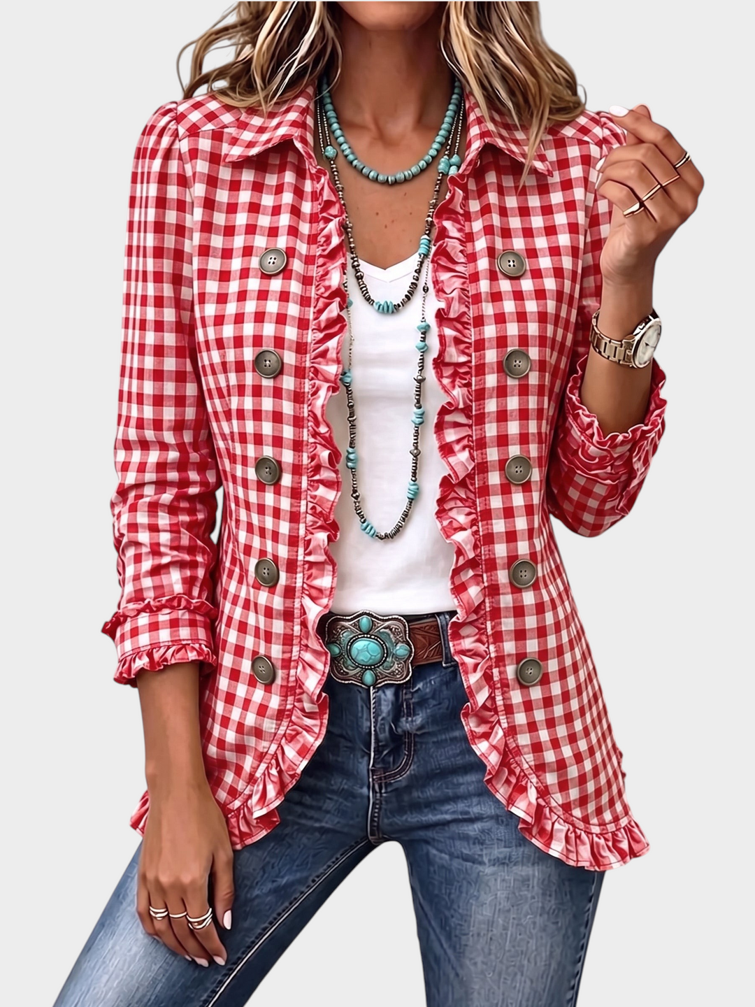 Zane & Inese red and white gingham blazer with ruffled trim, button-up front, and long sleeves on a model.