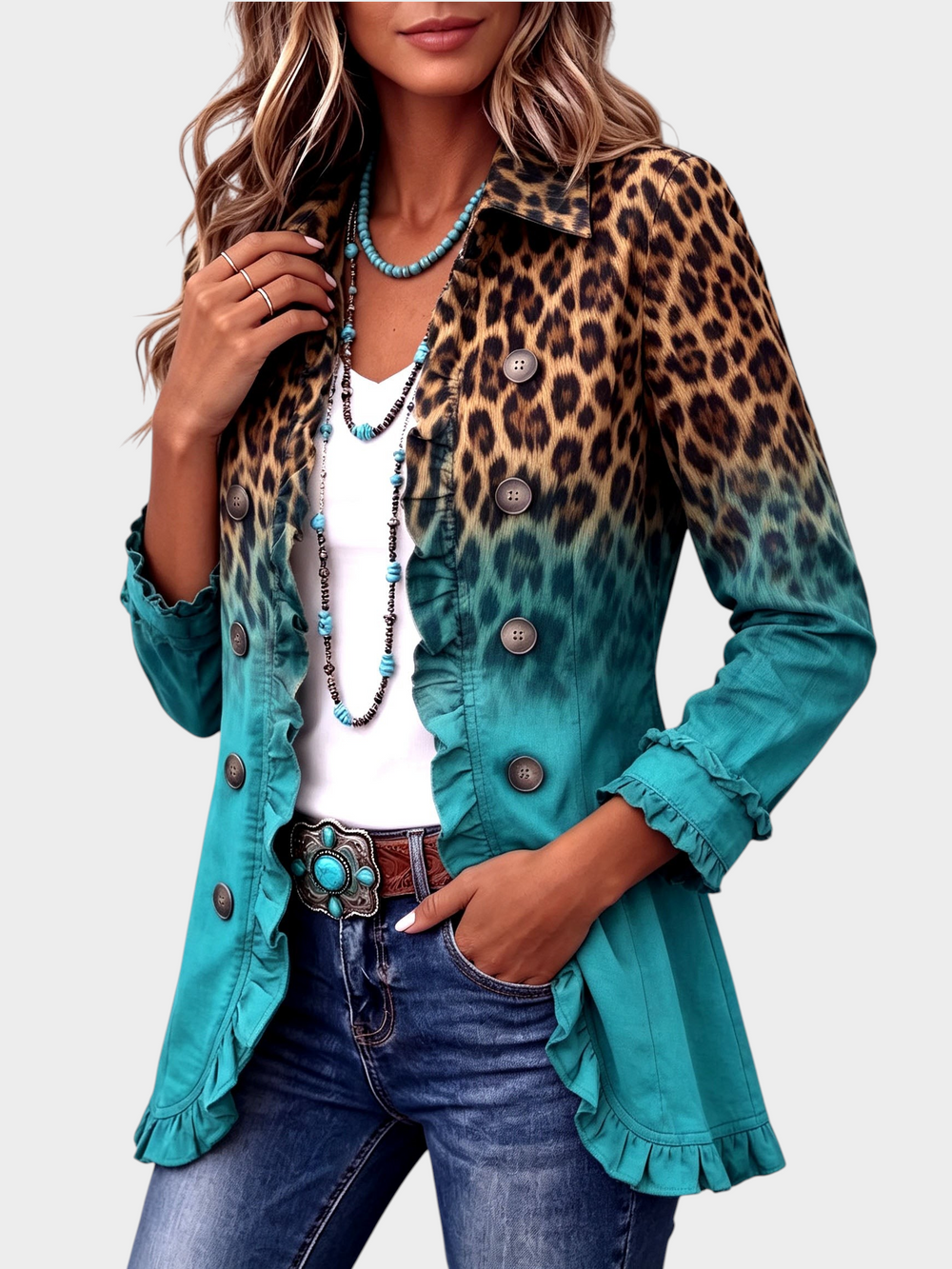 Zane & Inese Santa jacket featuring a leopard print to turquoise ombre gradient with ruffled trim and button closure.