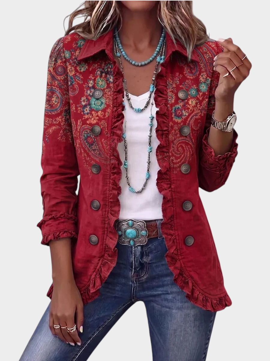 Zane & Inese red paisley print boho jacket with ruffled trim, button-down front, and long sleeves on a model