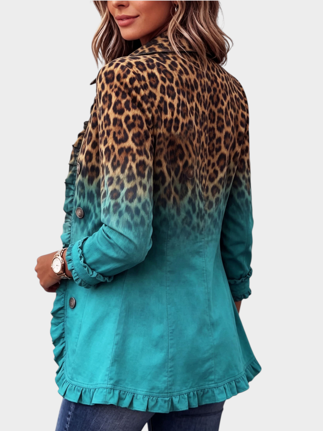 Zane & Inese Santa blazer featuring a leopard print to turquoise ombre fade, ruffled trim, and button detailing.