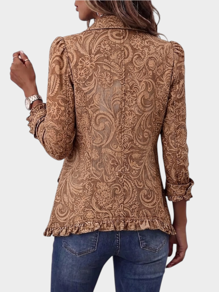 Zane & Inese Silvija vintage boho floral print jacket with ruffled hem and long sleeves, back view