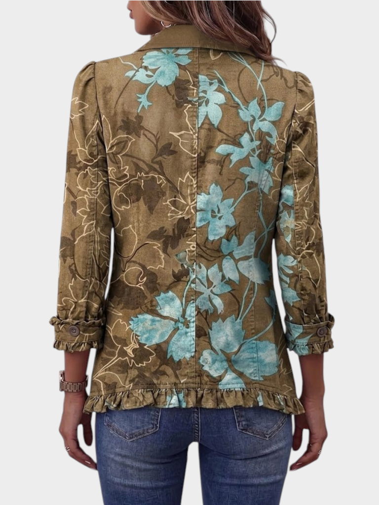 Zane & Inese Milda vintage style floral jacket with gradient effect, ruffled hem, and cuffs, back view.