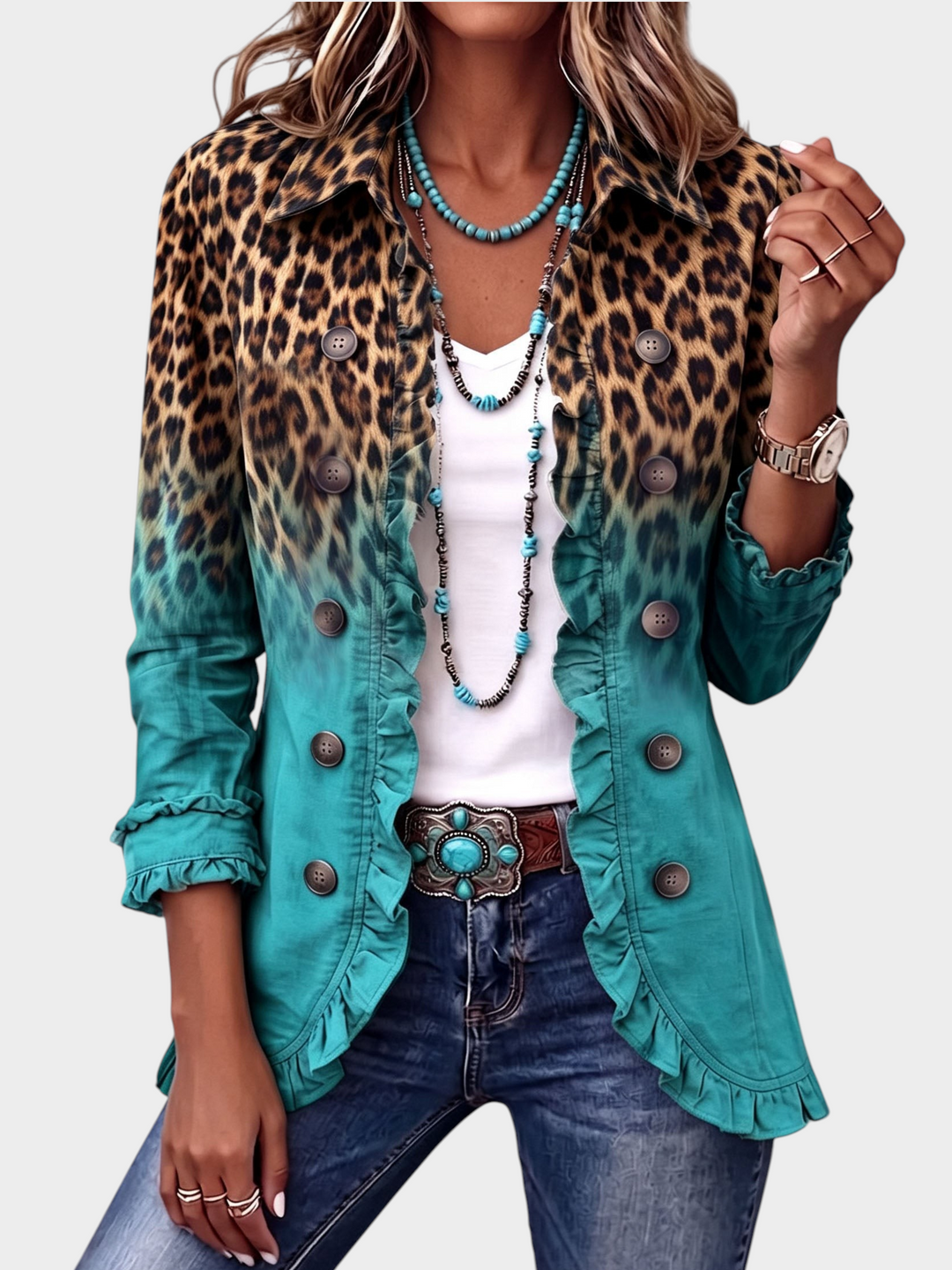 Zane & Inese Santa jacket featuring a leopard print to turquoise ombre gradient with ruffled trim and button front.
