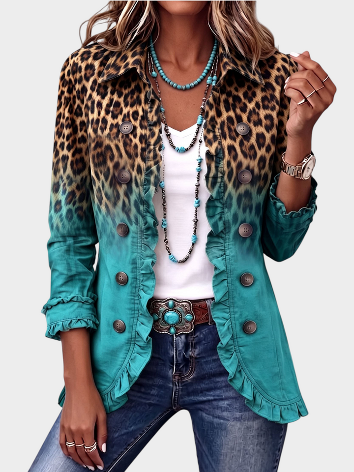 Zane & Inese Santa jacket featuring a leopard print to turquoise ombre gradient with ruffled trim and button front.