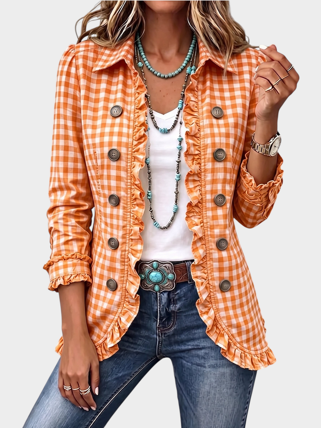 Zane & Inese orange gingham jacket with ruffle trim, double-breasted button closure, and long sleeves.