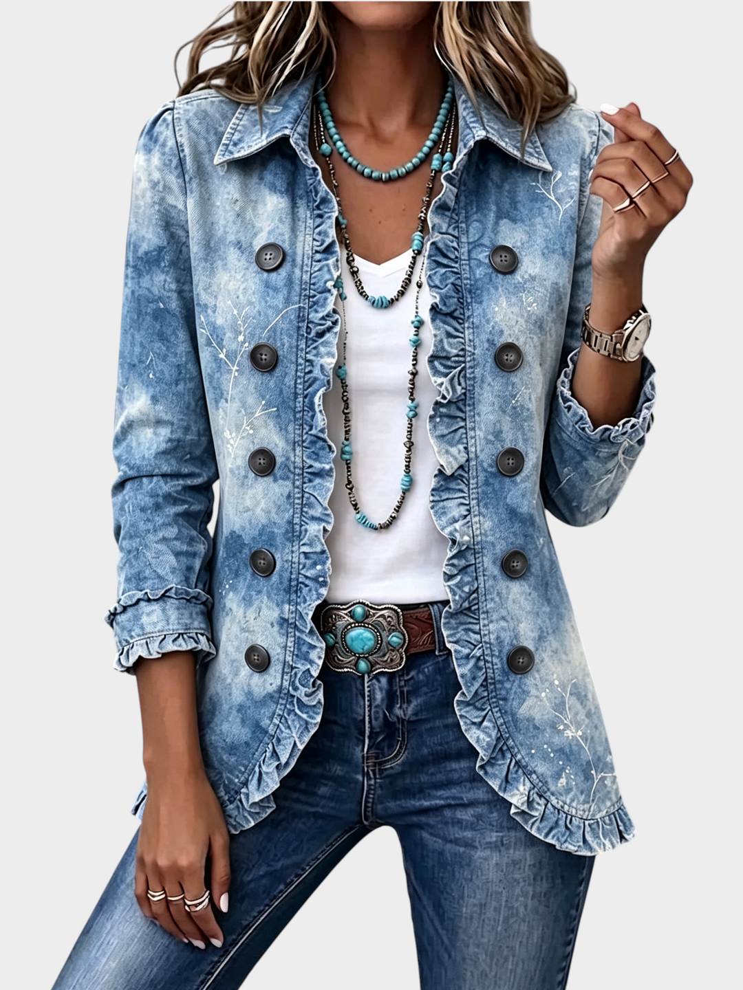 Zane & Inese Jautrīte vintage style denim jacket with botanical print, gradient effect, and feminine ruffle details.