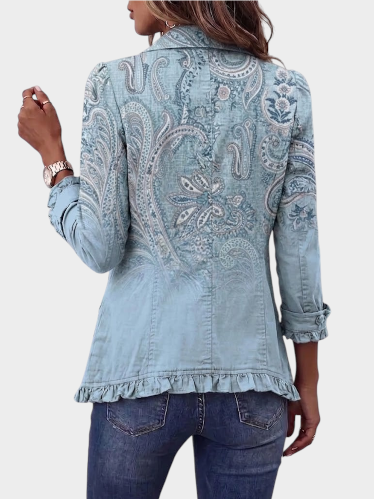 Zane & Inese Diana vintage style light blue paisley jacket with ruffled hem and long sleeves, back view