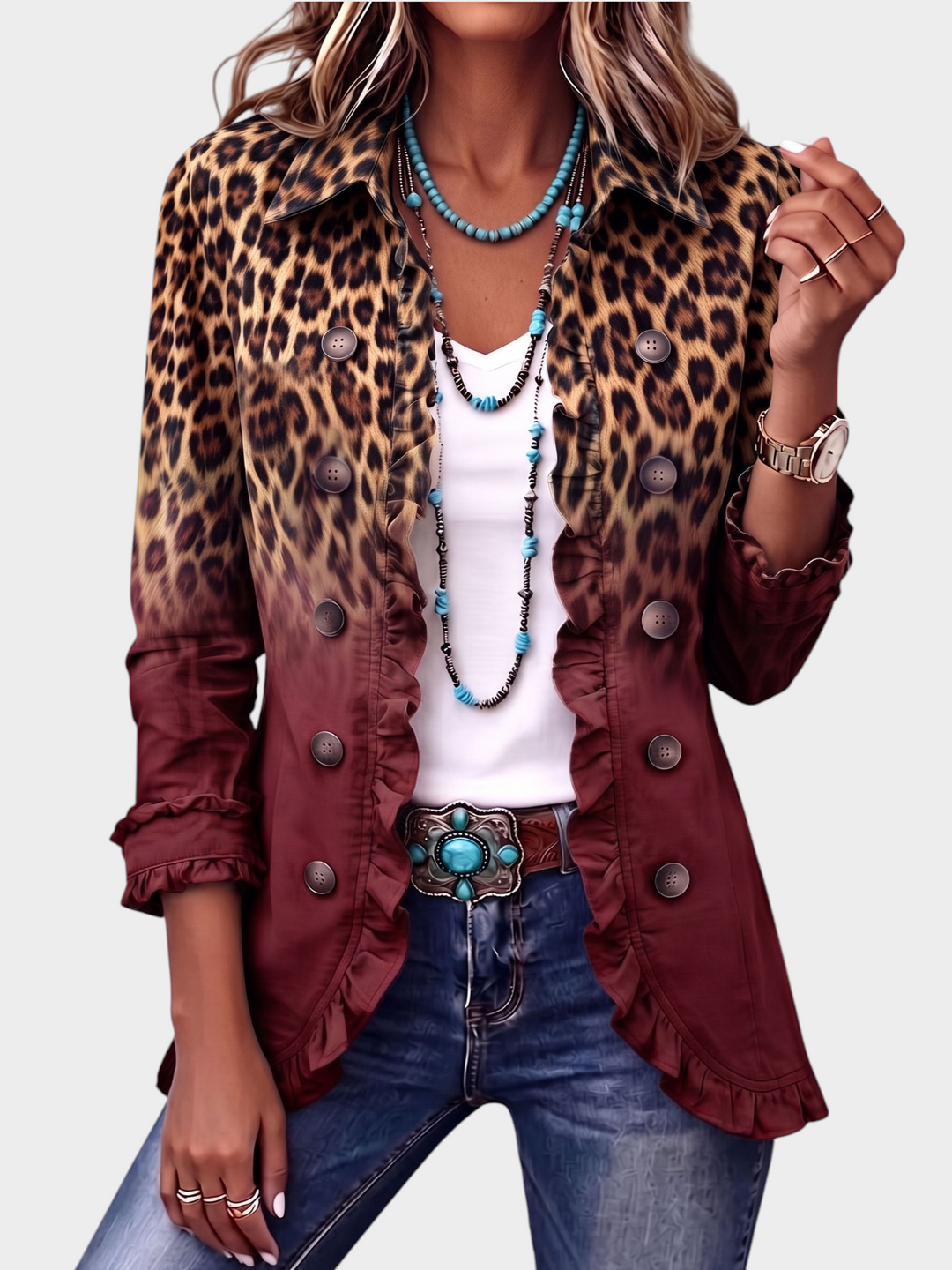 Santa | Leoparda raksta ombré žakete ar volānu apdari