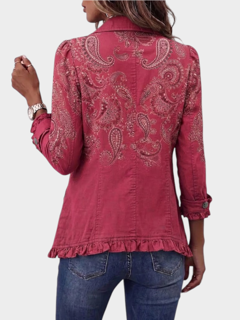 Zane & Inese Irma vintage style red paisley jacket with ruffled hem and buttoned sleeves worn by a woman