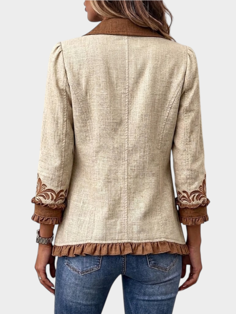 Zane & Inese Renate vintage boho jacket in beige with brown floral embroidery and ruffled hem, back view
