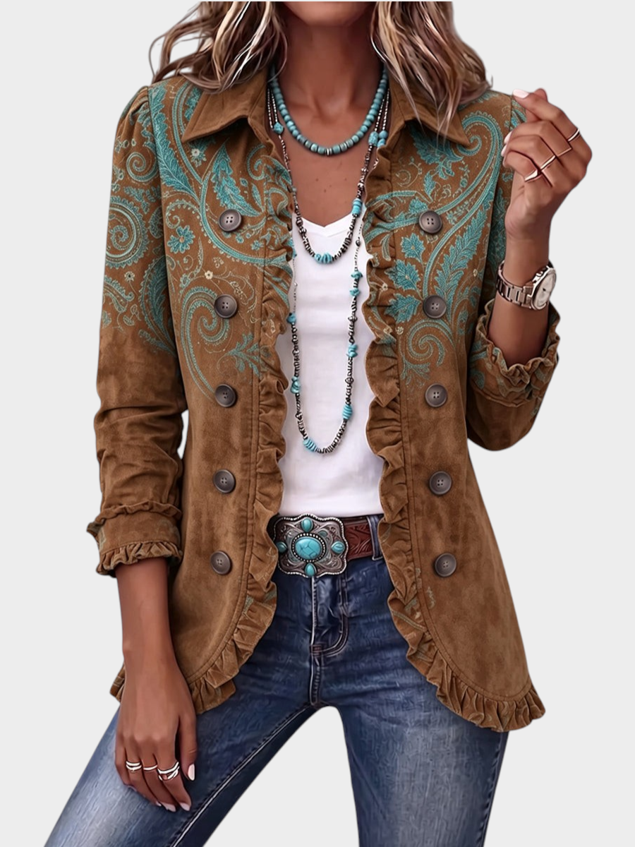 Zane & Inese Regina jacket in caramel and turquoise paisley print with double-breasted buttons and ruffled trim