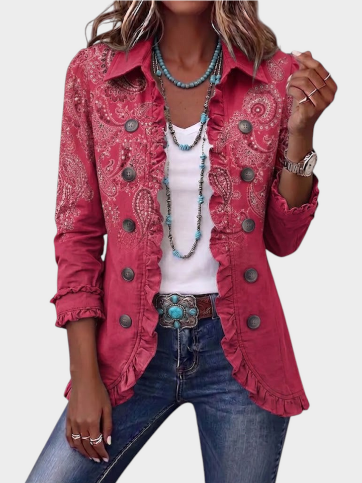 Zane & Inese Irma vintage style red paisley jacket with ruffle trim, button front, and collar, worn with jeans.