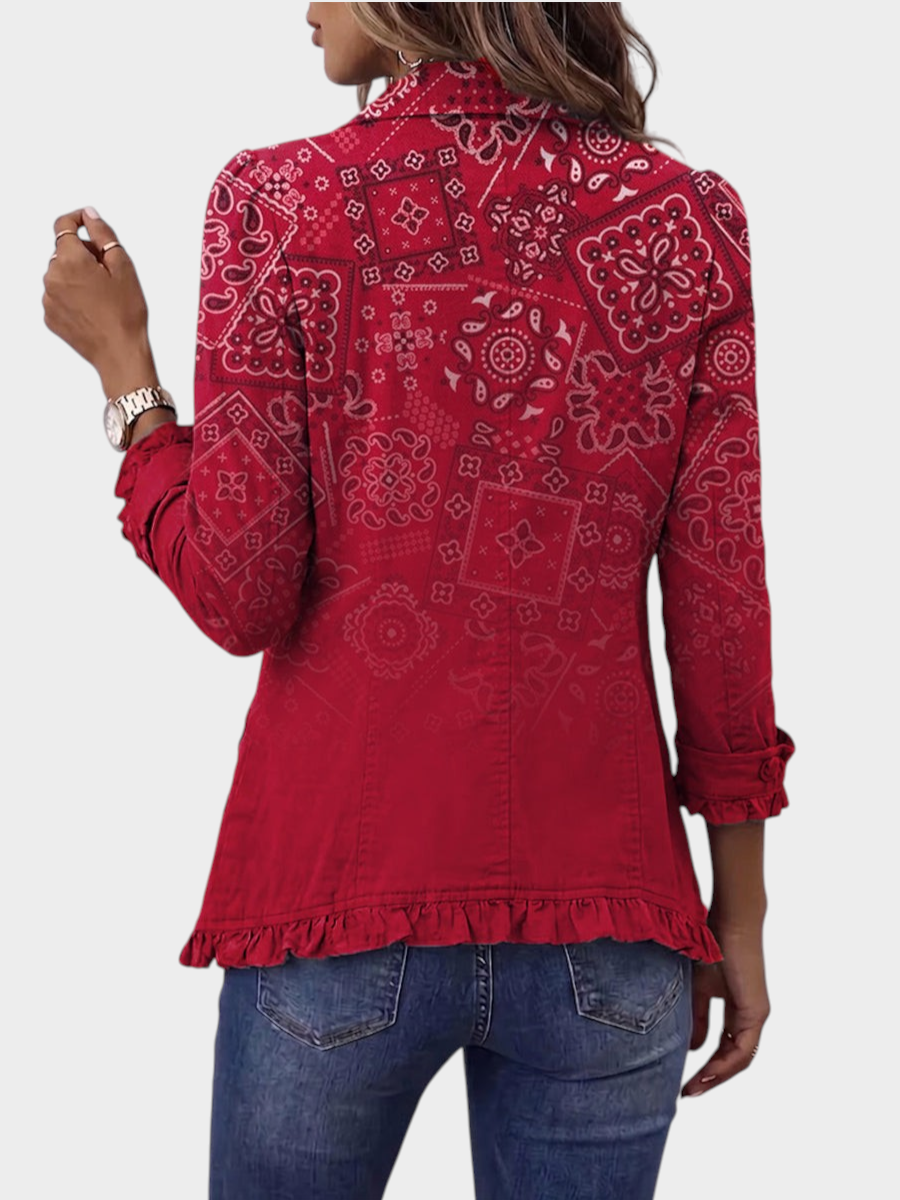 Zane & Inese Felicita red boho paisley print jacket with ruffled hem and plaid details worn by a woman from behind
