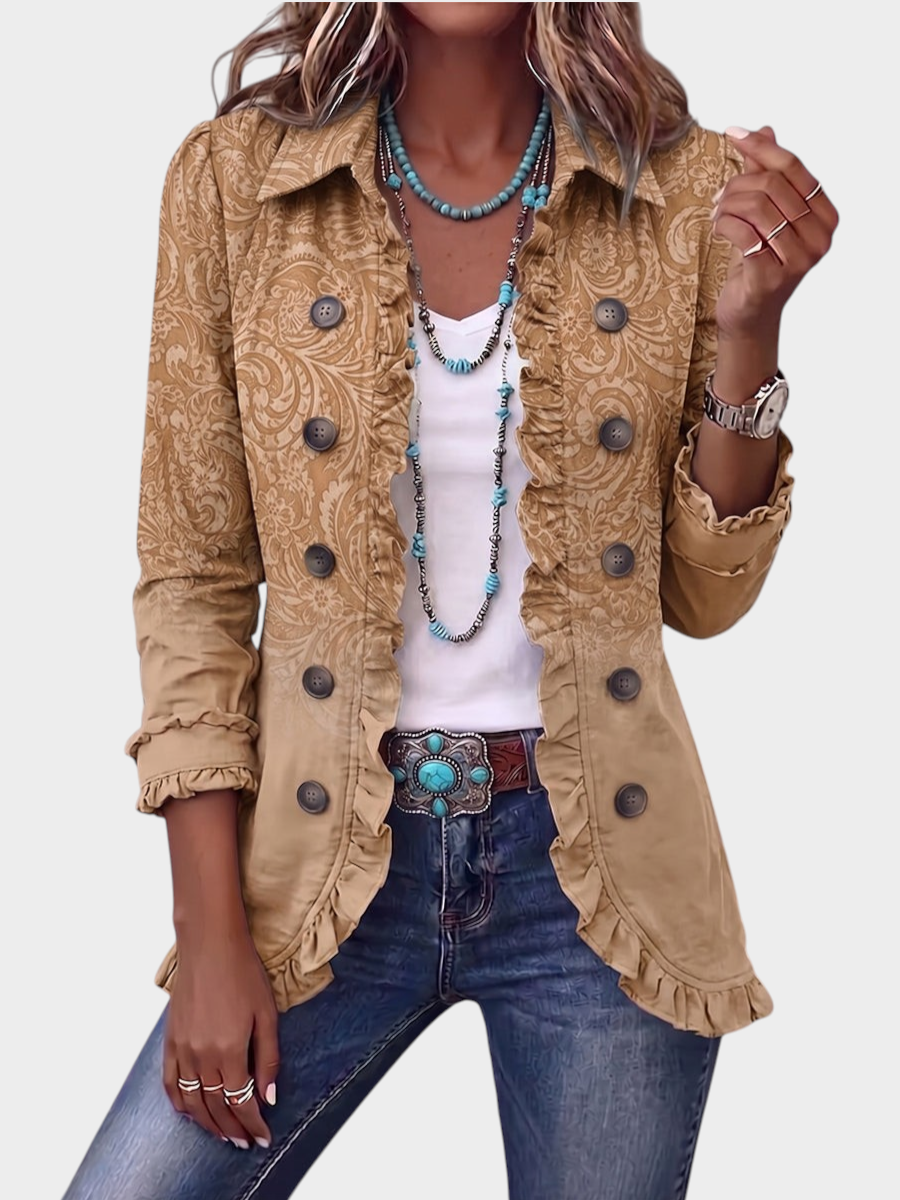 Zane & Inese Mudīte tan western-style jacket with paisley pattern, ruffled trim, and double-breasted button closure.