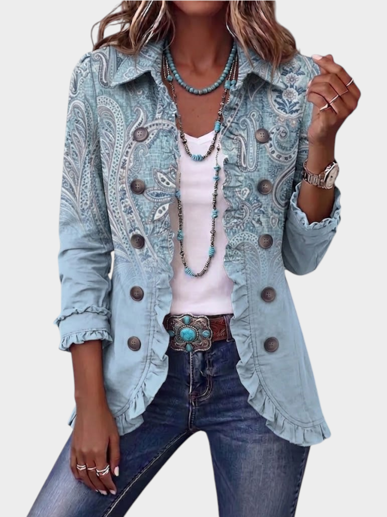 Zane & Inese Diana vintage style light blue paisley jacket with ruffled trim, button front, and long sleeves.