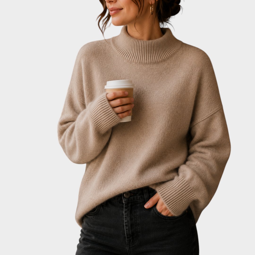 Zane & Inese Kitija beige oversized sweater with a high ribbed collar and dropped shoulders worn with dark jeans
